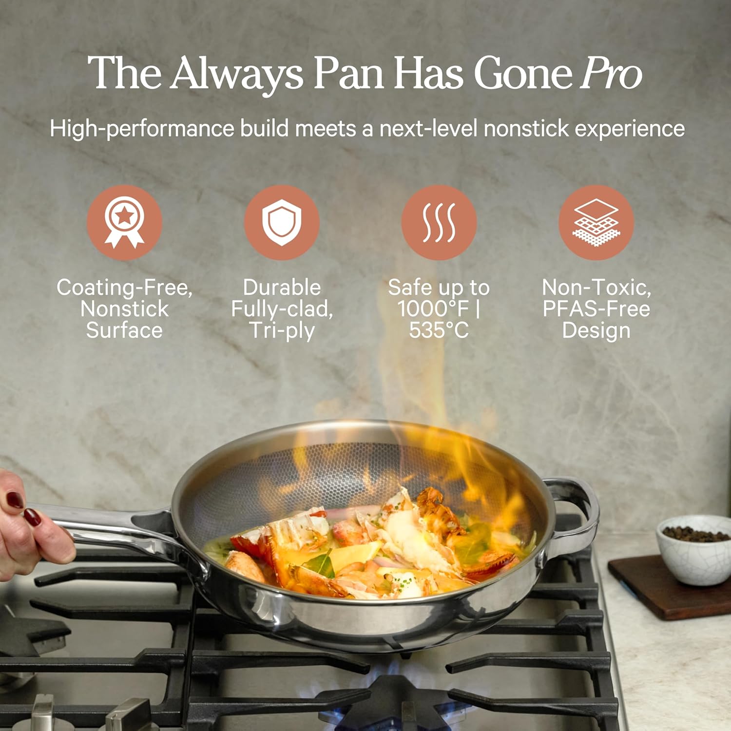 Our Place Titanium Always Pan Pro - 10.6" PFAS-Free Nonstick Frying Pan with Spatula | Chef-Grade Tri-Ply Stainless Steel & Aluminum | Induction & Oven-Safe up to 1000°F | Chrome Finish