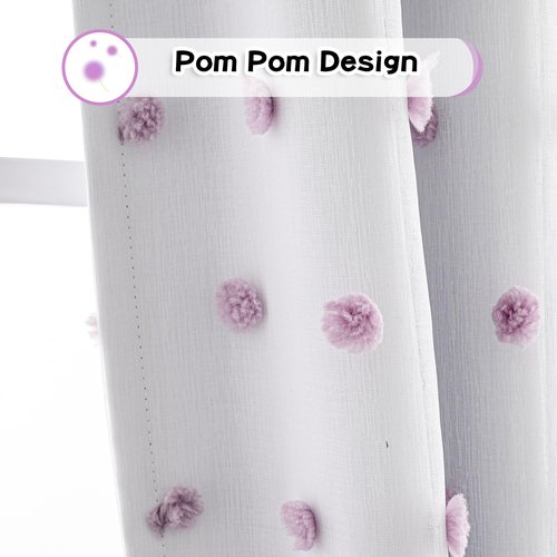 MYSKY HOME 100% Blackout Curtains for Girls Bedroom 84 Inches Long with Purple Pom Pom Sheer Total Light Blocking Curtains for Living Room 2 Panels Grommet Room Darkening Window Drapes 52W x 84L