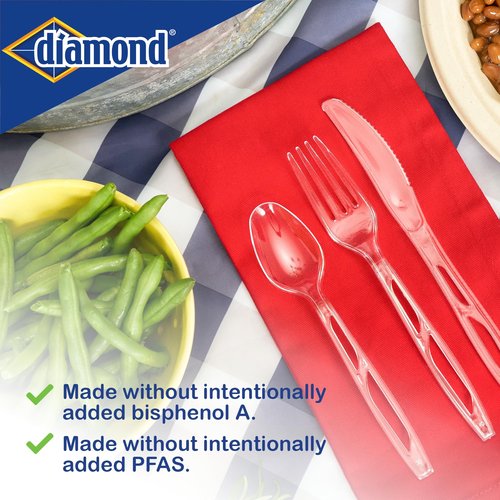 Diamond® All Occasion Clear Plastic Cutlery Set – 192 Count (64 Forks, 64 Spoons, 64 Knives), Disposable Utensils, Durable Polystyrene, Reusable Tray, Made in USA
