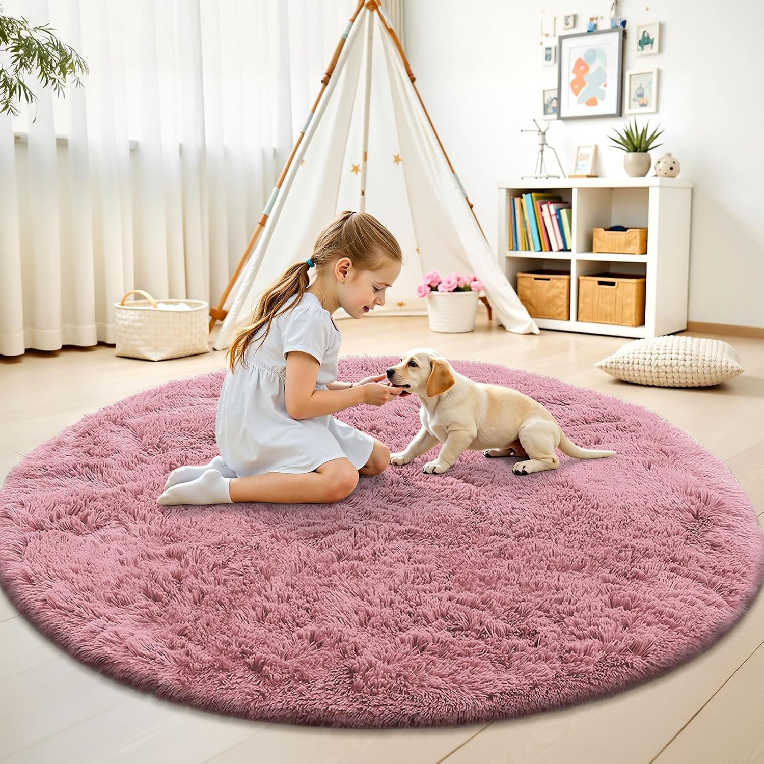 OLANLY Round Pink Area Rug - Soft, Fluffy, Machine Washable 9 ft Circle Carpet for Bedroom & Living Room
