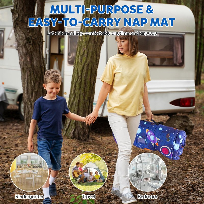 Toddler Nap Mat with Removable Pillow and Blanket, Sleeping Bag for Kids, Lightweight and Soft Slumber Bags for Preschool, Sleeping Mats for Daycare Sweat Absorbing and Breathable (Navy Blue Rocket)
