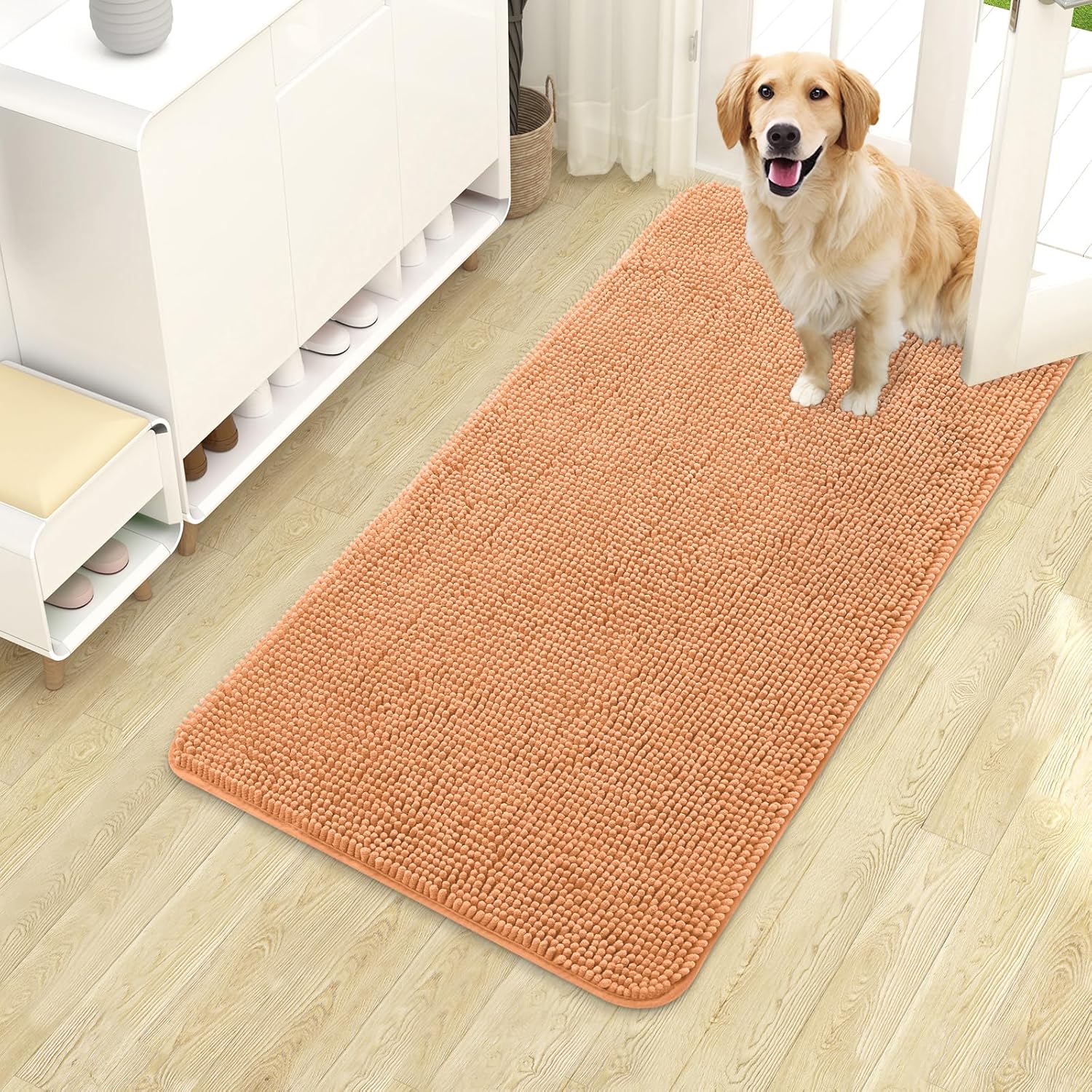 OLANLY Dog Door Mat - Absorbent Non-Slip Chenille Mat for Muddy Paws | 40x24 Inches, Quick Dry, Orange