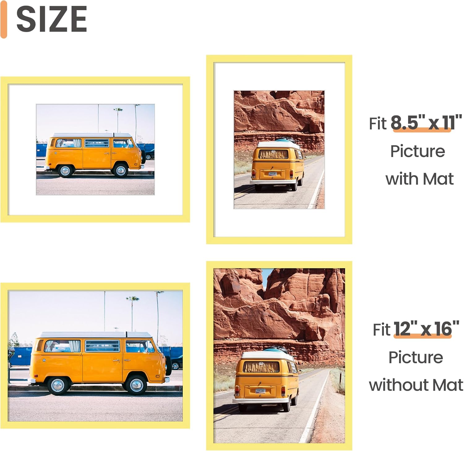 Upsimples 12x16 Picture Frame - Display 8.5x11 Photos with Mat or 12x16 Without - Yellow, 1 Pack