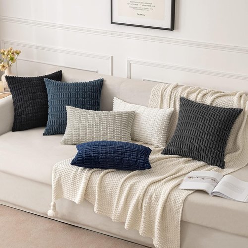 MIULEE Corduroy Throw Pillow Covers - Soft Boho Striped Design | 20x20 Inch Pure White for Modern Home Decor