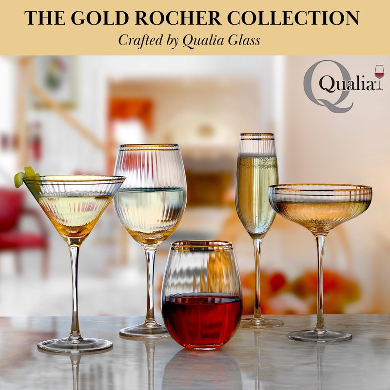 QUALIA Rocher Crystal Martini Glasses Set of 4 Unique Martini Glasses for Wedding, Lead-Free Hand Blown Ribbed Glassware, 9.5 oz Unique Cocktail Glass, Wedding Gifts For Women, Espresso Martini Gifts
