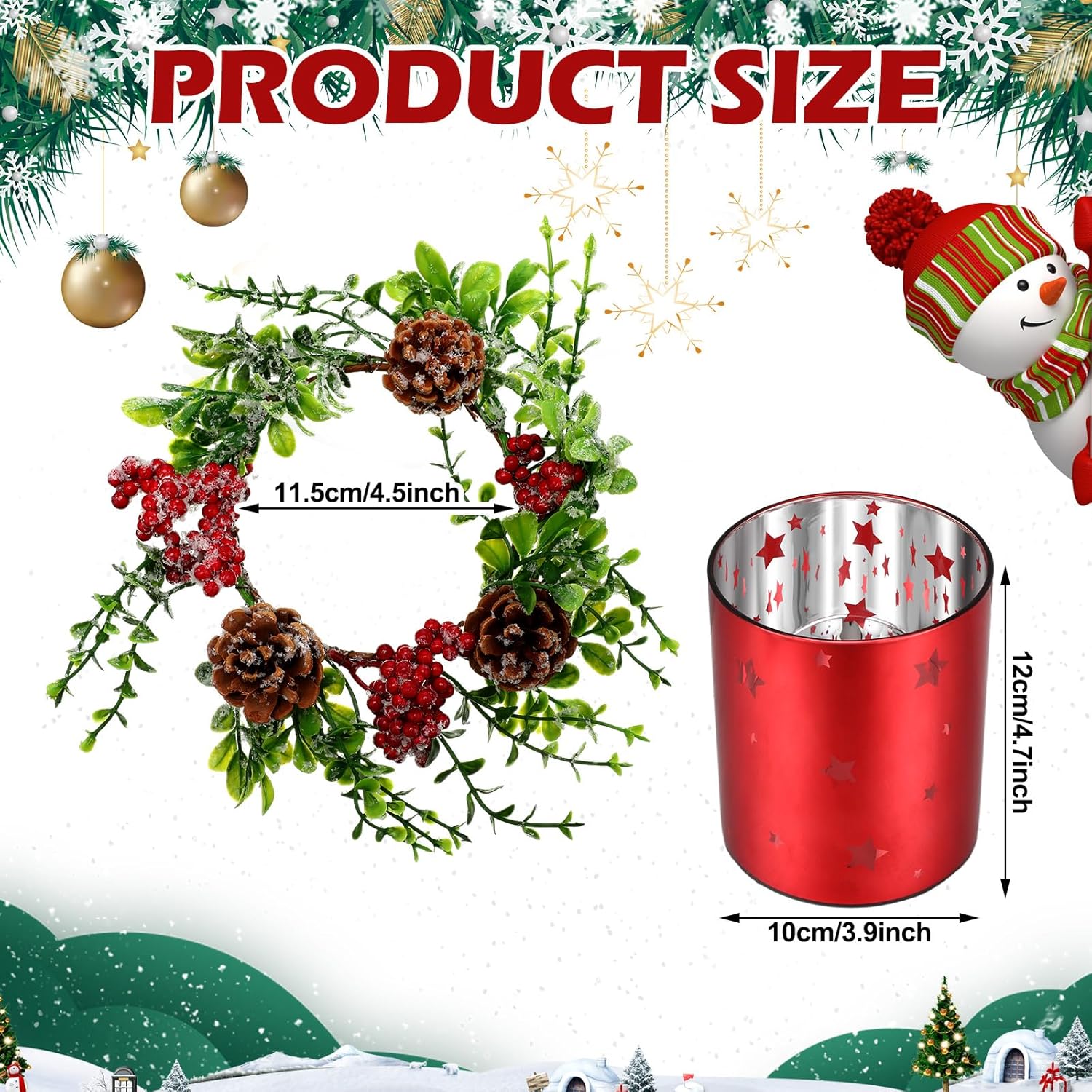 Sliner Christmas Glass Candle Holders - 4 Pcs 4.7 Inch Votive Holders with Berry Ring & Pinecone Decor