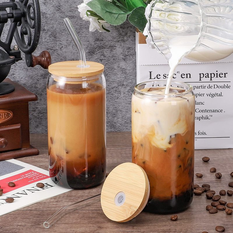 CWHHRN Glass Cups with Lid and Straw, 16oz Beer Glasses Coffee Cups, Iced Coffee Cups with Straw, Glass Tumbler (2 PACK)