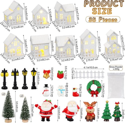 Fovths Christmas Village Set - 35 LED Lighted Houses with Mini Figurines & Snow | Winter Table Decor