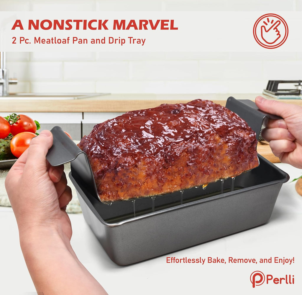 PERLLI Nonstick Meat Loaf Pan with Drip Tray - 9.8 x 5.7 In. High-Carbon Steel, BPA-Free, Perfect for Baking & Roasting