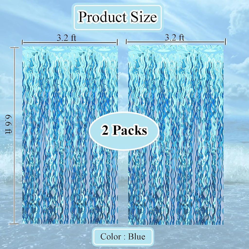 Skiennix Wavy Tinsel Foil Fringe Curtains - Teal Blue Streamers Backdrop for Ocean-Themed Parties | 2 Pack, 3.2 ft x 6.6 ft