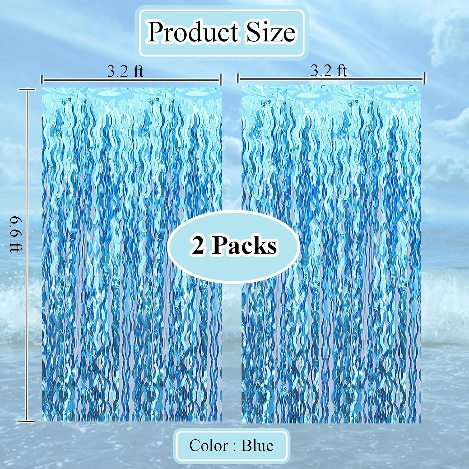 Skiennix Wavy Tinsel Foil Fringe Curtains - Teal Blue Streamers Backdrop for Ocean-Themed Parties | 2 Pack, 3.2 ft x 6.6 ft