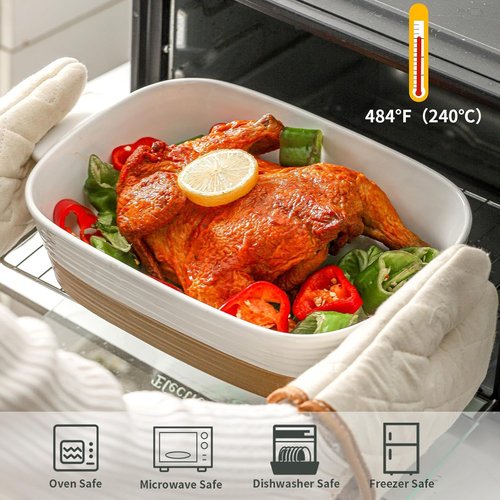 Hasense Ceramic Baking Dish - Non-Stick 11.8x8.7 Lasagna Pan with Handle | 3.4 Qt White Bakeware