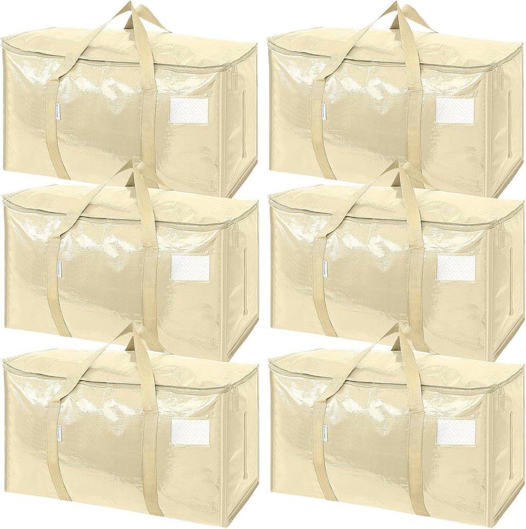 TICONN Extra Large Heavy Duty Moving Bags - Durable Storage with Zippers & Handles | 6 Pack, Cream