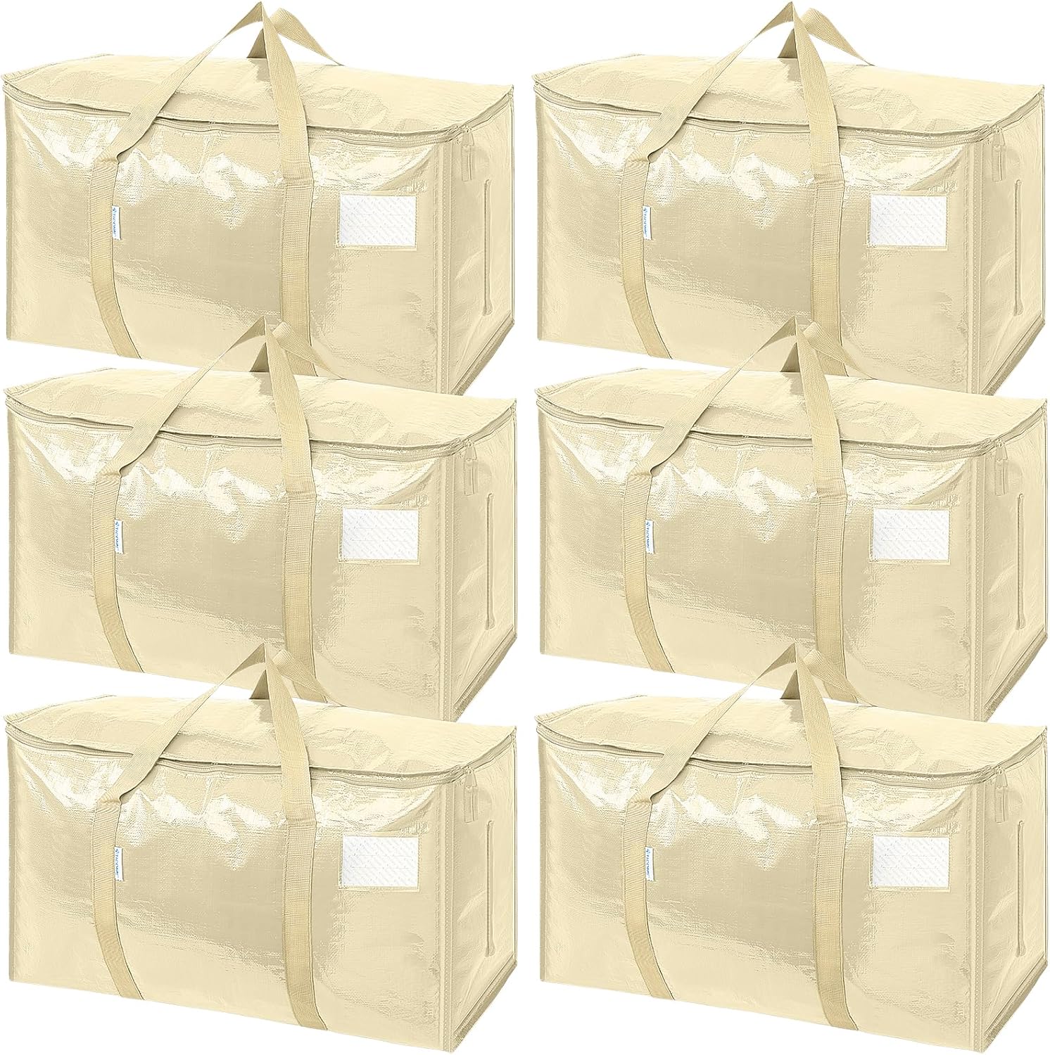 TICONN Extra Large Heavy Duty Moving Bags - Durable Storage with Zippers & Handles | 6 Pack, Cream