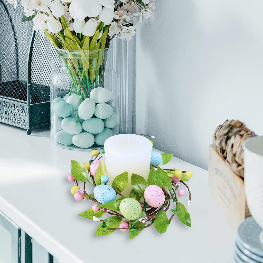 Winlyn Easter Egg Candle Rings - 4 Pcs Spring Wreaths with Pastel Eggs & Berries | 11" Holiday Decor