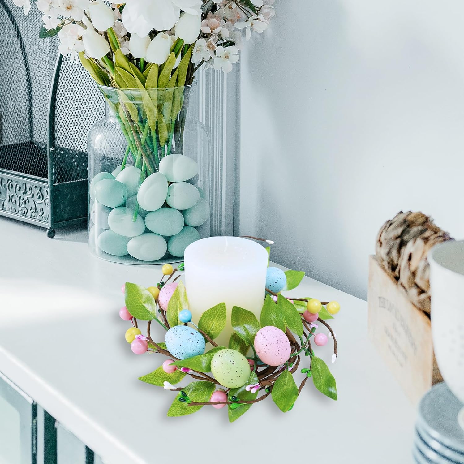 Winlyn Easter Egg Candle Rings - 4 Pcs Spring Wreaths with Pastel Eggs & Berries | 11" Holiday Decor
