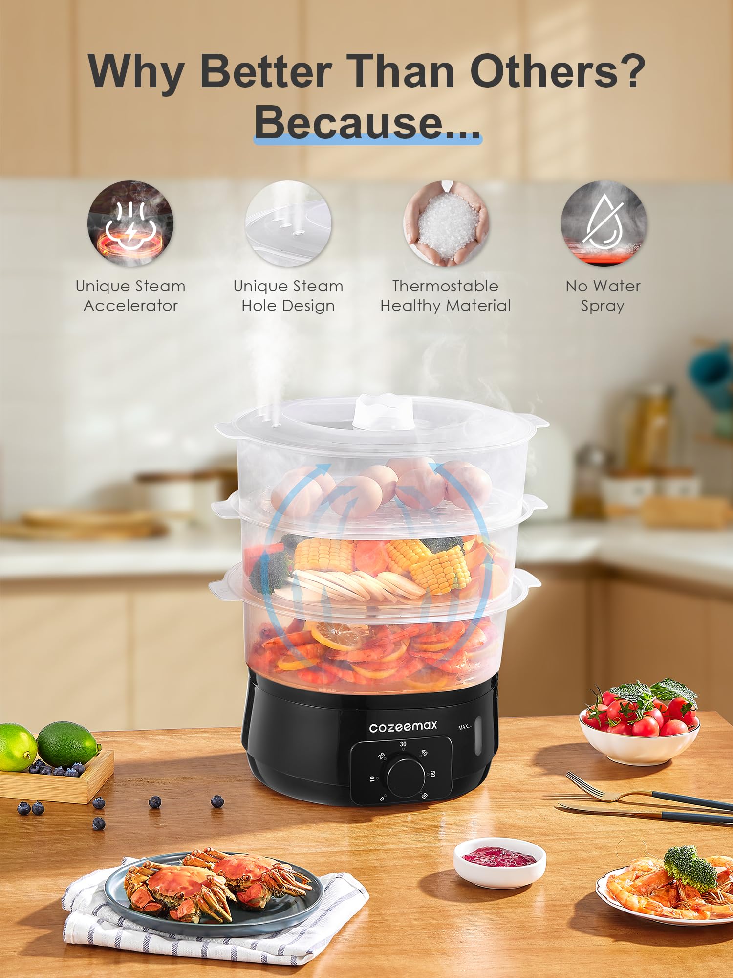 13.7QT Electric Food Steamer for Cooking, Vegetable Steamer with 3 Tiers BPA-Free Baskets, 800W Fast Simultaneous Cooking, 60-Minute Timer, Ideal for Veggies Seafood Rice