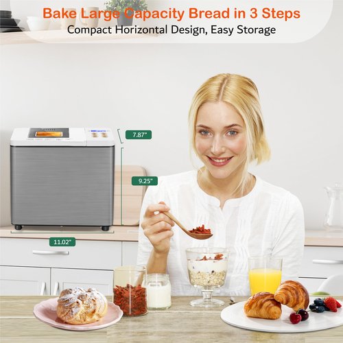 19-in-1 Stainless Steel Bread Maker With Smart Dual Heaters, Quiet Bread Machine with 15H Timer & 1H Keep Warm, Auto BreadMaker with Food-Grade Heat-Conductive Non-Stick Pan, Recipes for Gluten-Free
