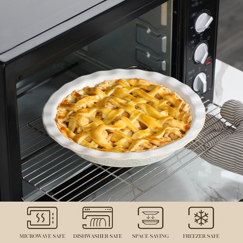 MALACASA Pie Pan - 9 Inch Stoneware Deep Dish for Baking | Embossed Fluted Quiche Dish, 45 OZ