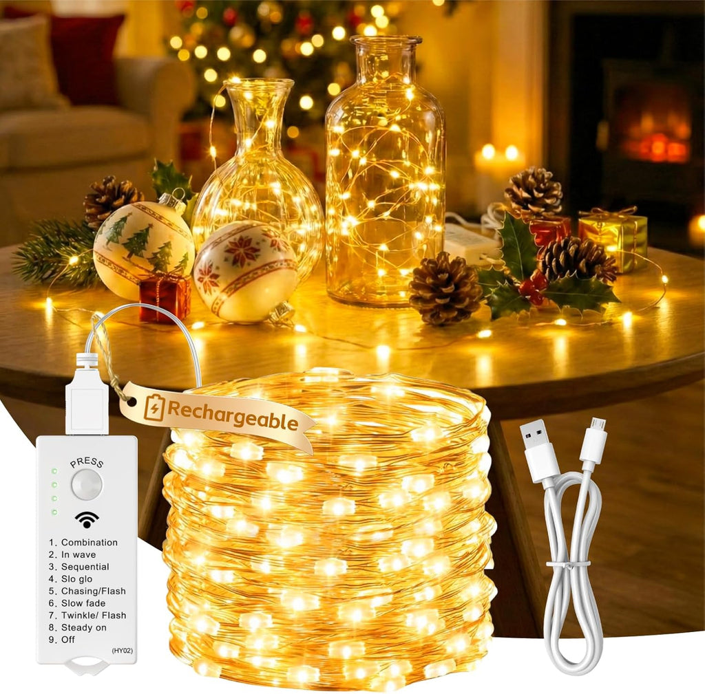 ZSJWL Rechargeable Fairy Lights - 16FT 50LED String Lights with DIY Timer & 8 Modes | Warm White Indoor Decor