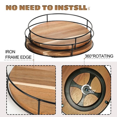 [ 2 Pack ] 9" & 10" Acacia Wood Lazy Susan Organizers with Steel Sides, Lazy Susan Turntable for Cabinet, Kitchen Turntable Storage for Table, Countertop, Pantry