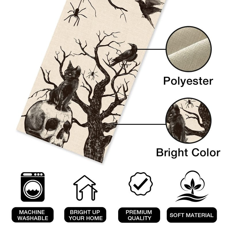 Seliem Halloween Gothic Skull Black Cat Crows Table Runner, Silhouette Tree Branches Spider Kitchen Dining Table Decor, Scary Holiday Home Decoration Indoor Outdoor Party Supply 13 x 108 Inches