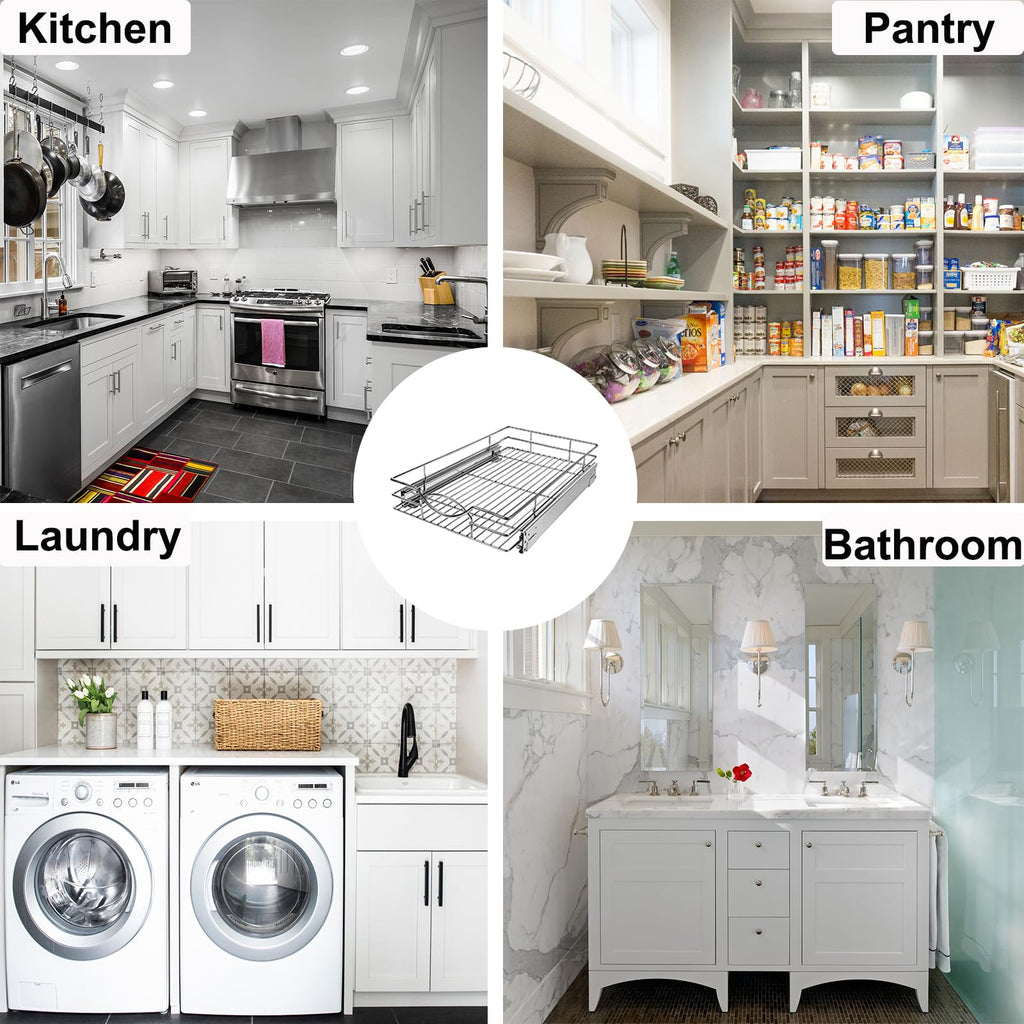 Sikarou Pull Out Cabinet Organizer 26" W x 21" D, Heavy Duty Kitchen Cabinet Pull Out Shelves, Slide Out Wire Basket for Kitchen Cabinets, Bathroom, Pantry, Chrome Finish