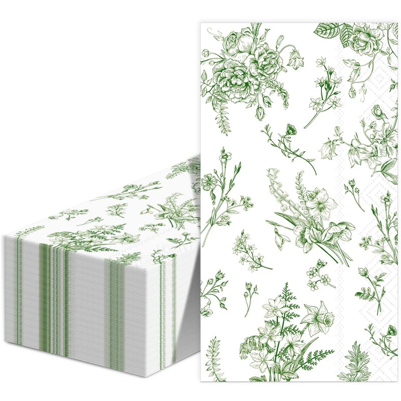 50 Pcs Green Floral Guest Napkins Summer Greenery Flower Chinoiserie Paper Napkins Party Supplie Sage Green Floral Disposable Hand Towel Tissue for Dinner Luncheon Party Birthday Baby Shower Favor