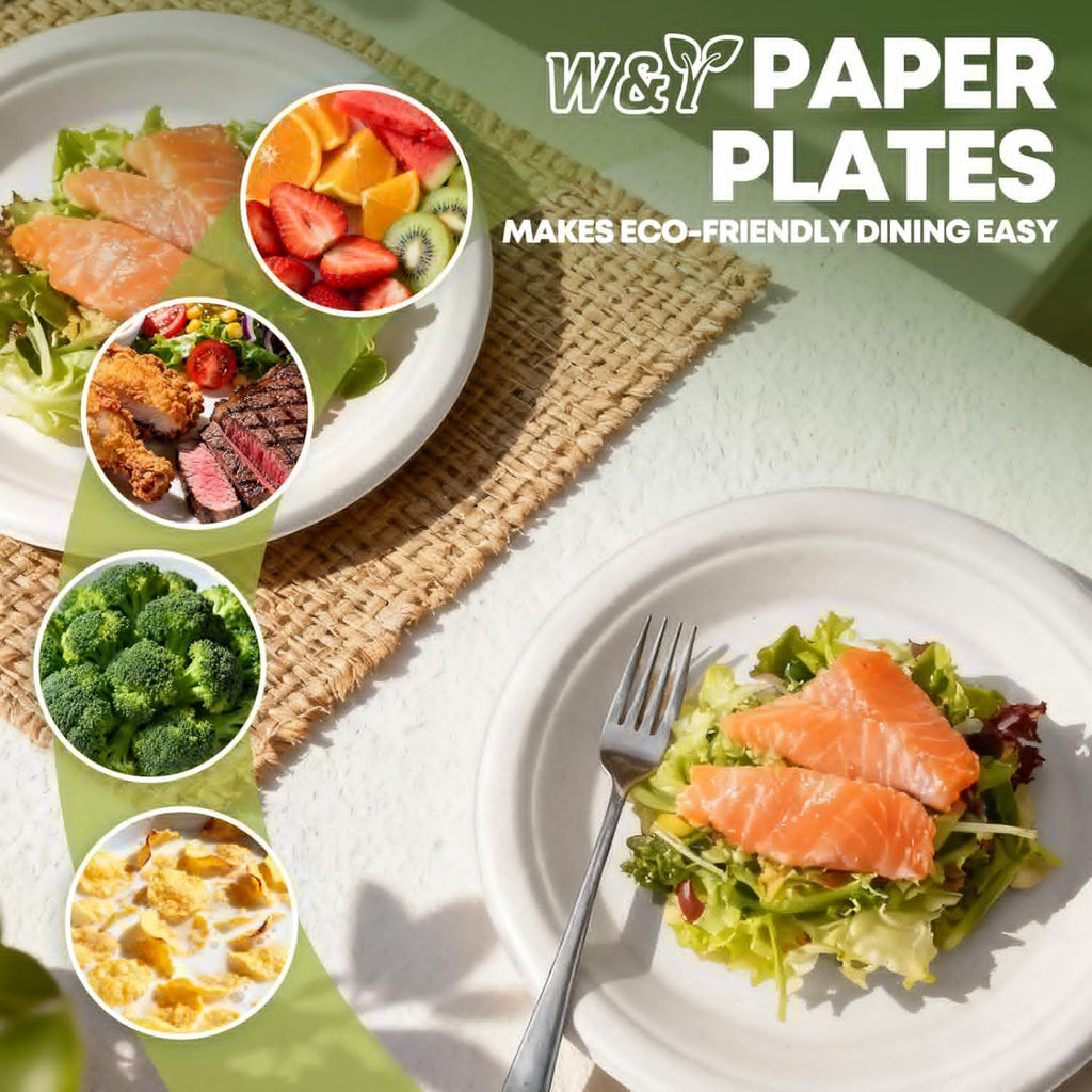 W&Y 100 Pack Heavy Duty 6 Inch Disposable Paper Plates - Compostable & Microwave-Safe for Parties & Picnics