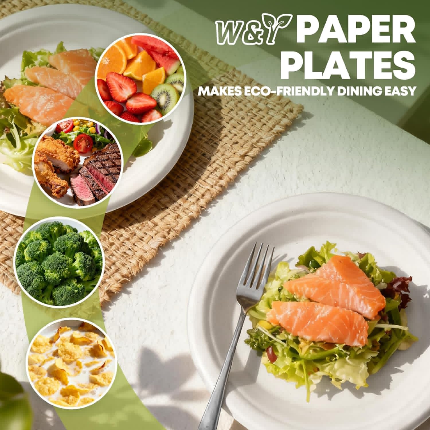 W&Y 100 Pack Heavy Duty 6 Inch Disposable Paper Plates - Compostable & Microwave-Safe for Parties & Picnics