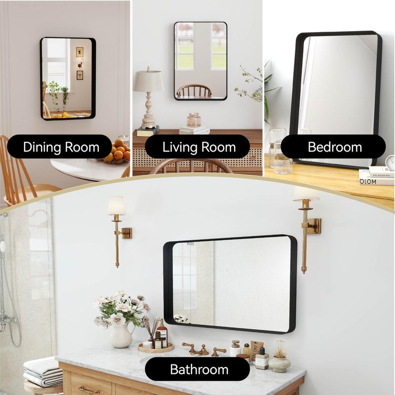 SCWF-GZ Rectangle 20x30 Mirror Thick Metal Frame Mirrors Wall Mounted Tempered Glass for Living Room Entryway Bathroom Horizontal or Vertical 20 30 inch Black
