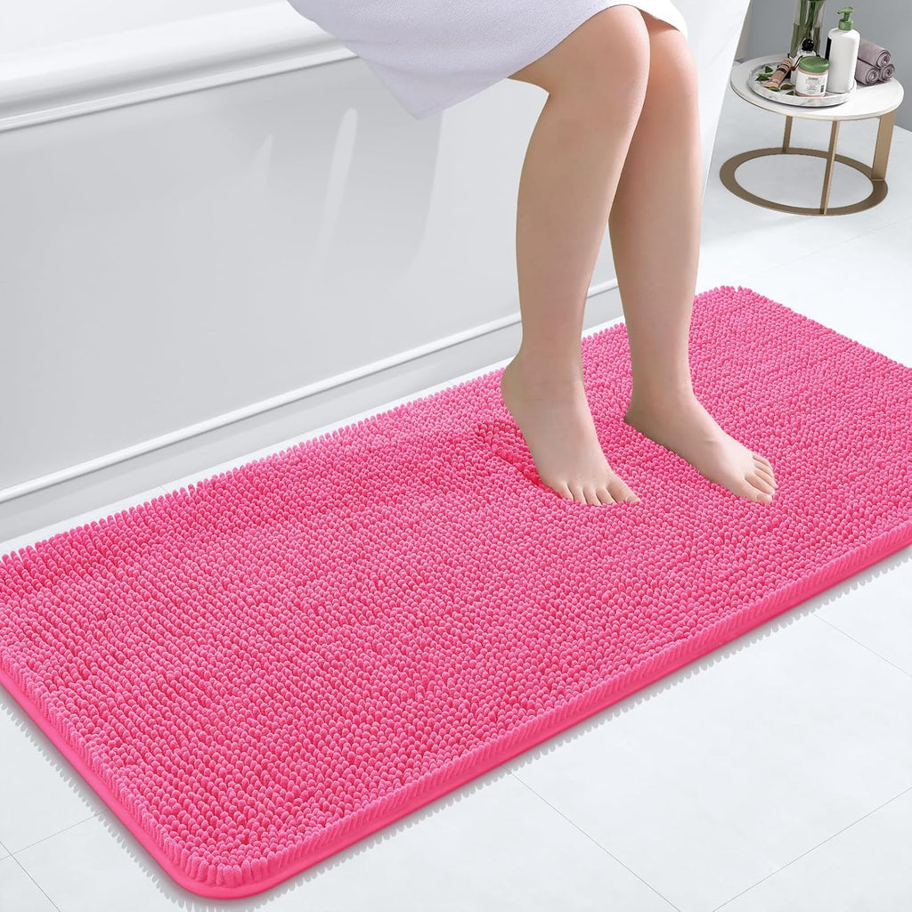 OLANLY Bathroom Runner Rugs - Soft Absorbent Chenille Mats with Rubber Backing | 47x20, Hot Pink