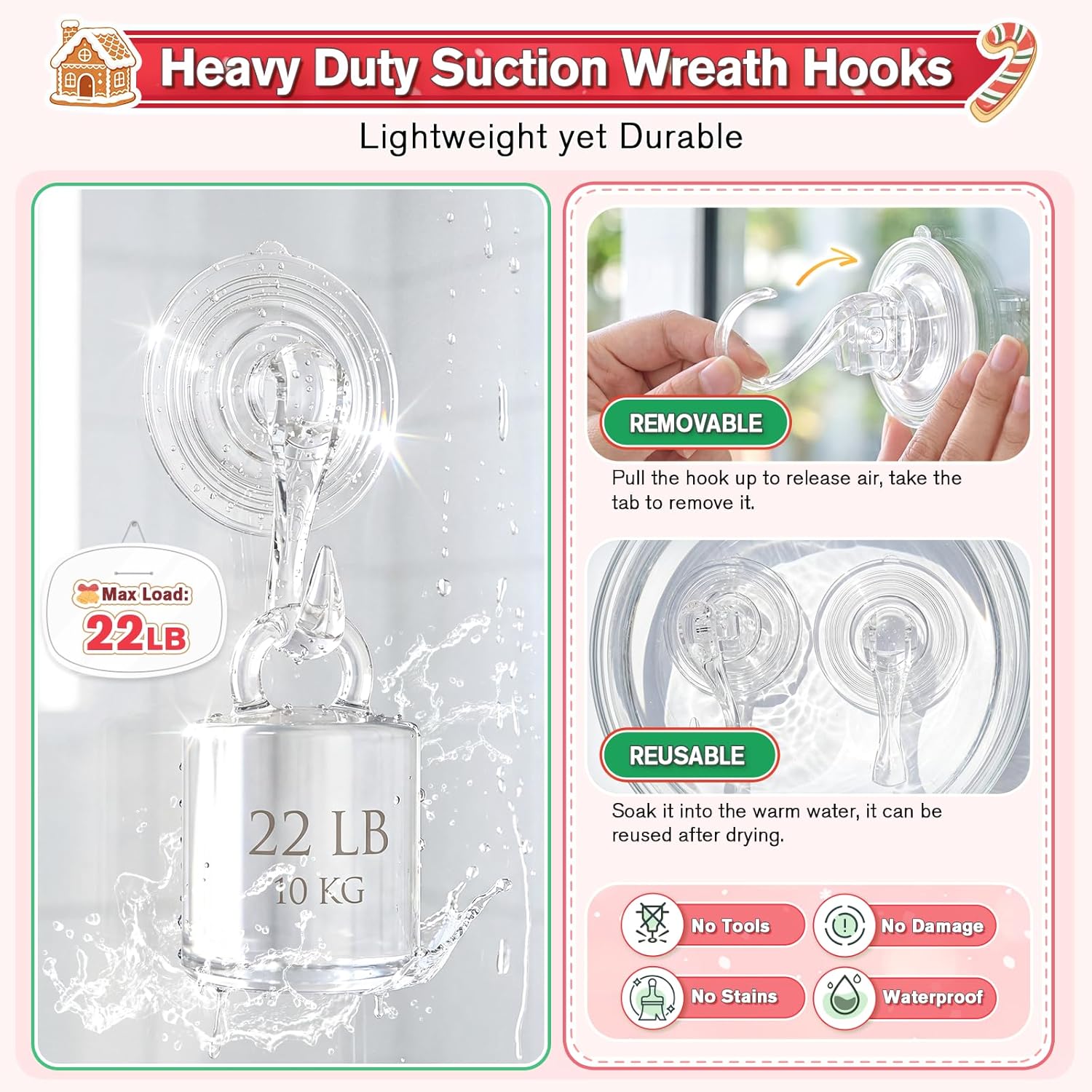 VIS'V Wreath Hanger - Heavy Duty Suction Cup Hooks, 22 LB Capacity, Clear, 6 Pack, Removable & Reusable