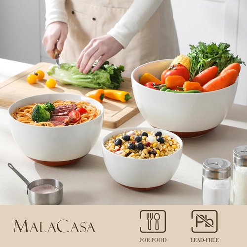 MALACASA Ceramic Mixing Bowls Set - Large Nesting Bowls for Cooking & Baking | 3 Sizes, Oven & Microwave Safe
