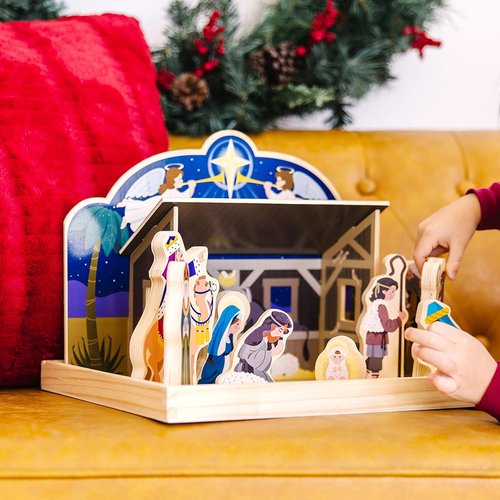 Melissa & Doug Classic Wooden Nativity Set - 11 Figures with 4-Piece Stable for Christmas Decor