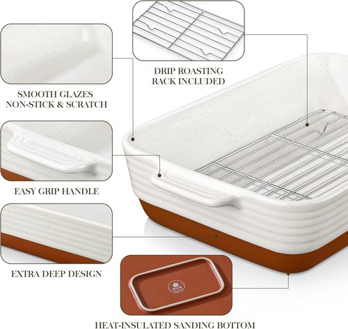 MALACASA Casserole Dishes Set of 3 - Ceramic Baking Pans with Roasting Racks | Khaki White (14.5''/13''/10.5'')