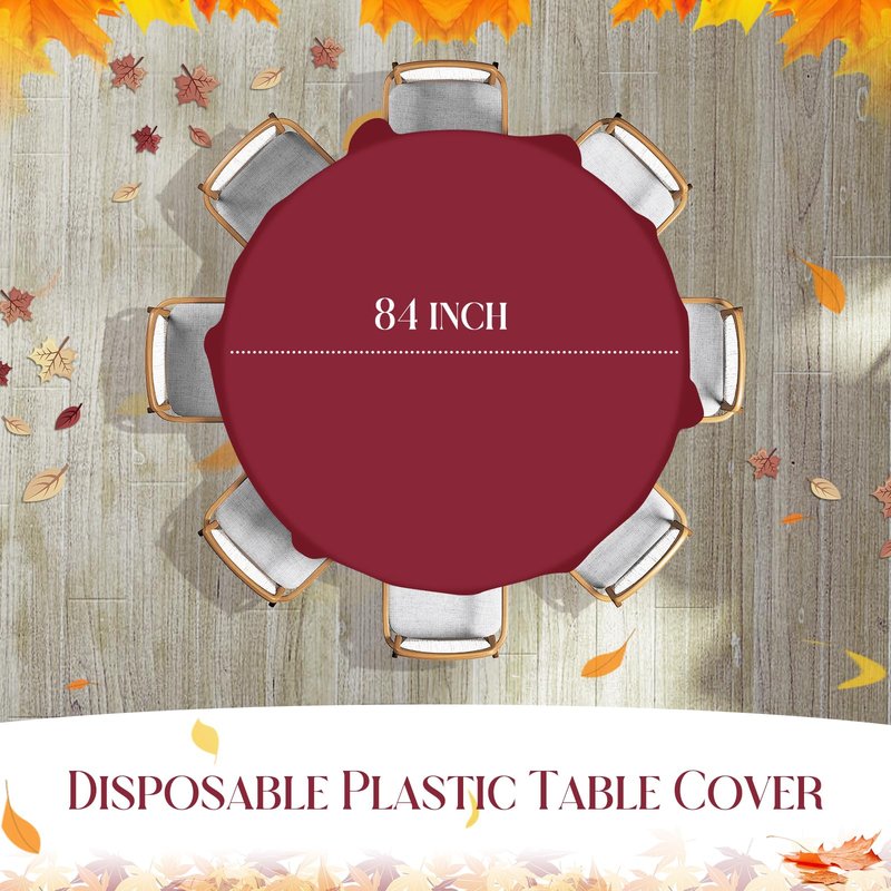MASHAN 12Pcs 84 Inch Fall Disposable Tablecloth,Thanksgiving Plastic Tablecloths,Orange Brown Red Yellow Round Table Cover for Autumn Harvest Holiday Birthday Party Decoration