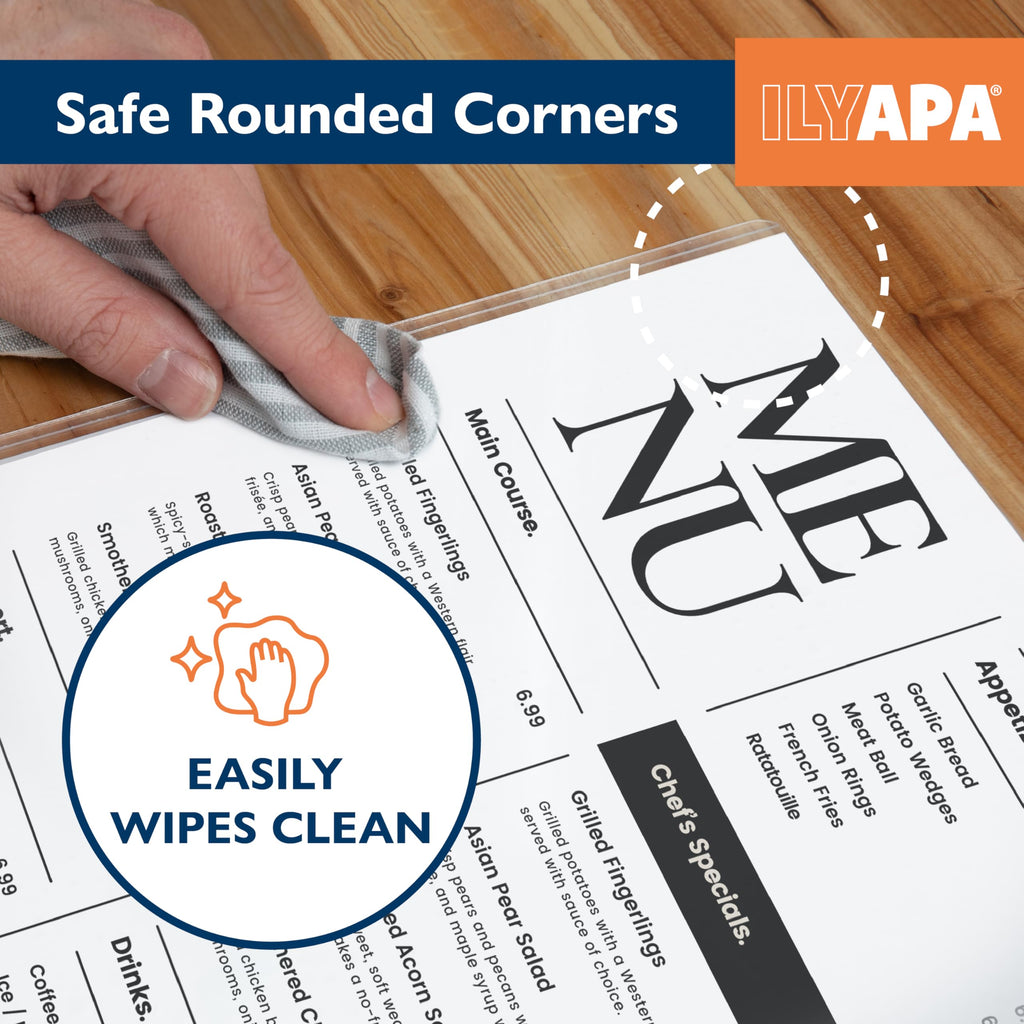 Ilyapa Restaurant Menu Covers 11 x 17 Inch - 30 Pack, Single Page, 2 View Clear Menu Holder Sleeves, Durable PVC Sheet Protector to Cover Inserts