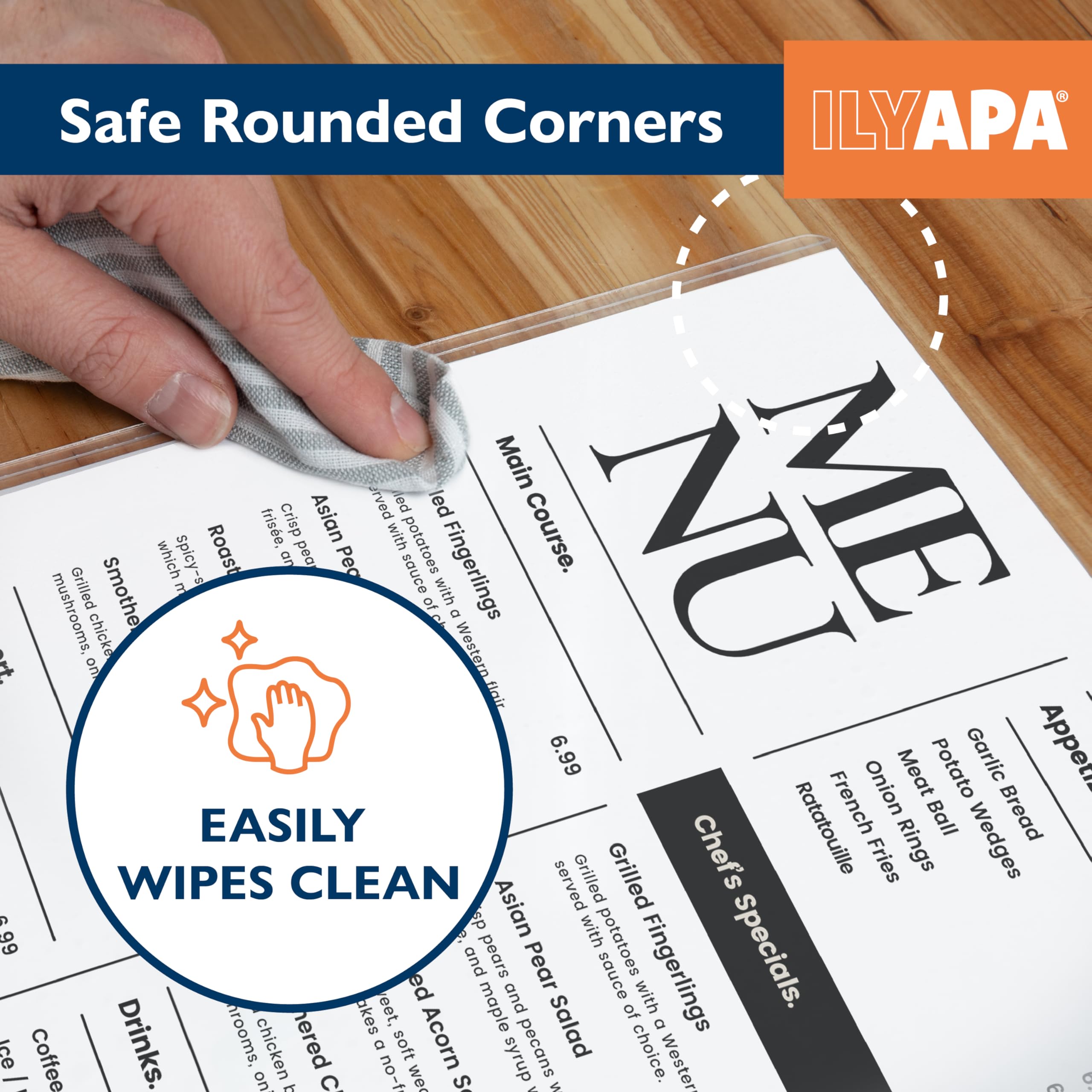 Ilyapa Restaurant Menu Covers 11 x 17 Inch - 30 Pack, Single Page, 2 View Clear Menu Holder Sleeves, Durable PVC Sheet Protector to Cover Inserts