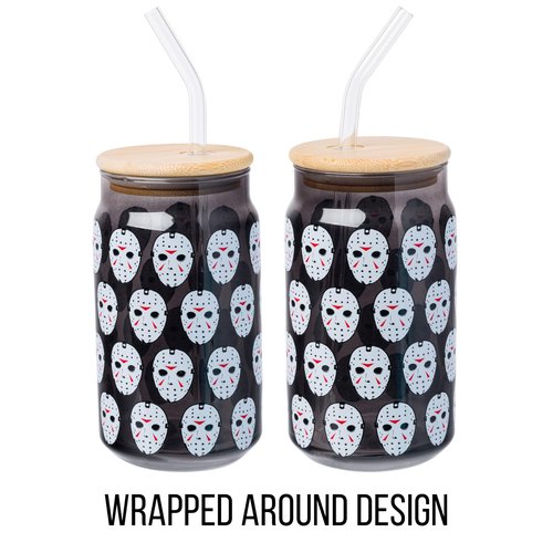 Silver Buffalo Friday the 13th Featuring Jason Vorhees Glass Jar Tumbler with Bamboo Lid and Glass Straw, 16 Ounces