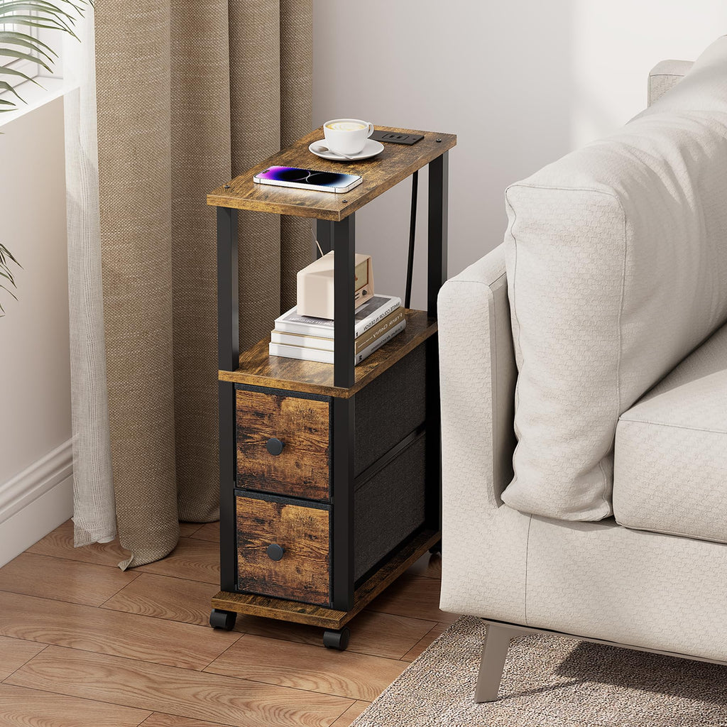 TUTOTAK Small Narrow End Tables, Side Tables with 2 Fabric Drawers, Set of 2, Bedside Tables with Charging Station for Small Spaces, Slim Nightstands with USB Ports and Wheels, TB01BB053C