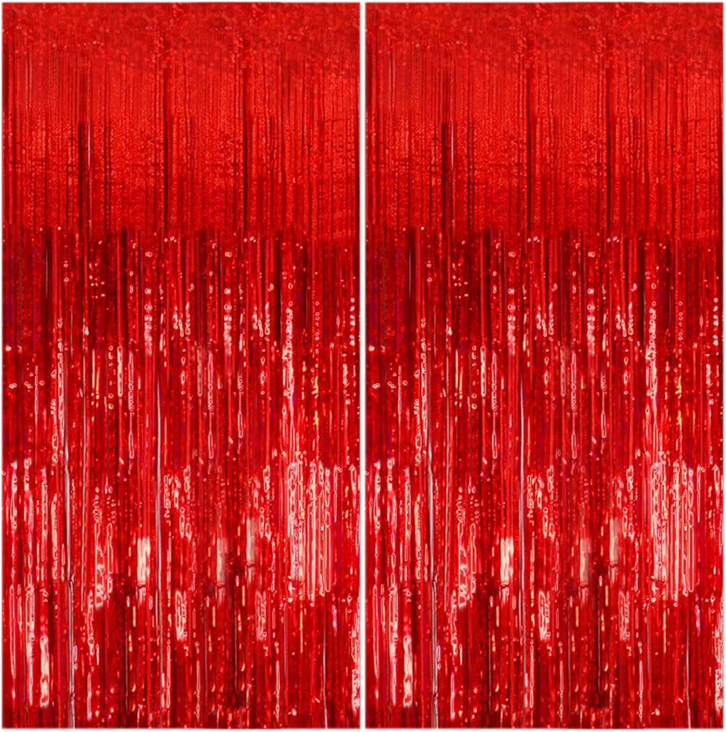 Red Metallic Tinsel Foil Curtains by [Brand Name] - 2 Pack Photo Booth Backdrop for Parties & Celebrations