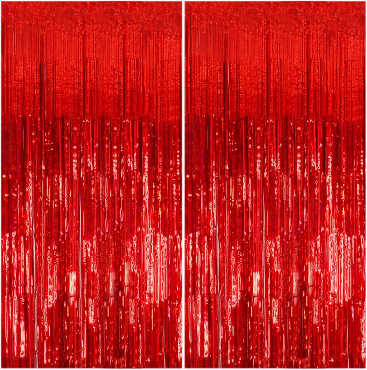 Red Metallic Tinsel Foil Curtains by [Brand Name] - 2 Pack Photo Booth Backdrop for Parties & Celebrations
