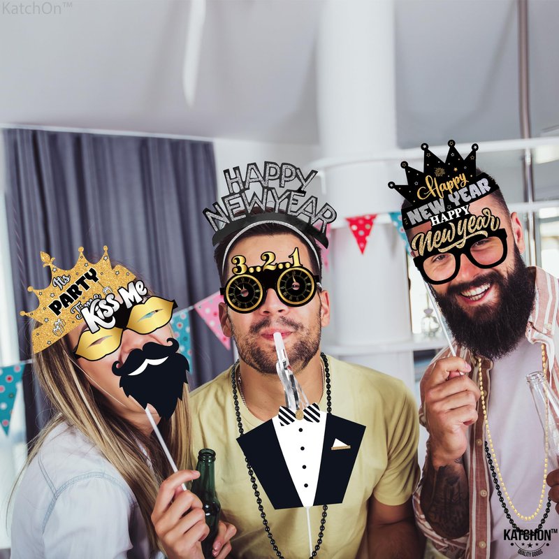 KatchOn, New Years Eve Party Favors - Pack of 74 | Happy New Year Glasses, Photo Props, Hats and Noise Makers | New Years Headband 2026, New Year's Eve Party Supplies for Happy New Year Decorations