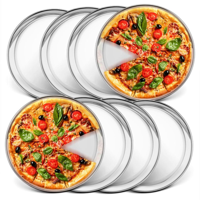 P&P CHEF 10 Inch Pizza Pan, Stainless Steel Round Pizza Tray Baking Pans, Pizzas Plate Serving Tray for Cookie Meat, Oven & Dishwasher Safe & Easy Cleaning, (Mirror Finish) - 8 Pieces