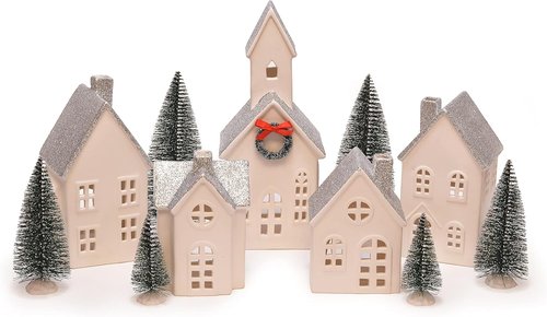 Mark Feldstein & Associates LED Holiday Figurines - Silver Rooftopped Village Set | 16 Pieces, 11 Inch
