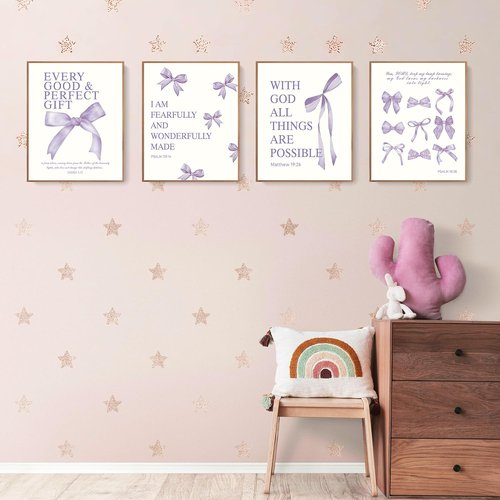 LARTSFRO Coquette Purple Bow Wall Art Decor - Inspirational Bible Verses | 10x8 Inch Set of 4 Unframed Prints