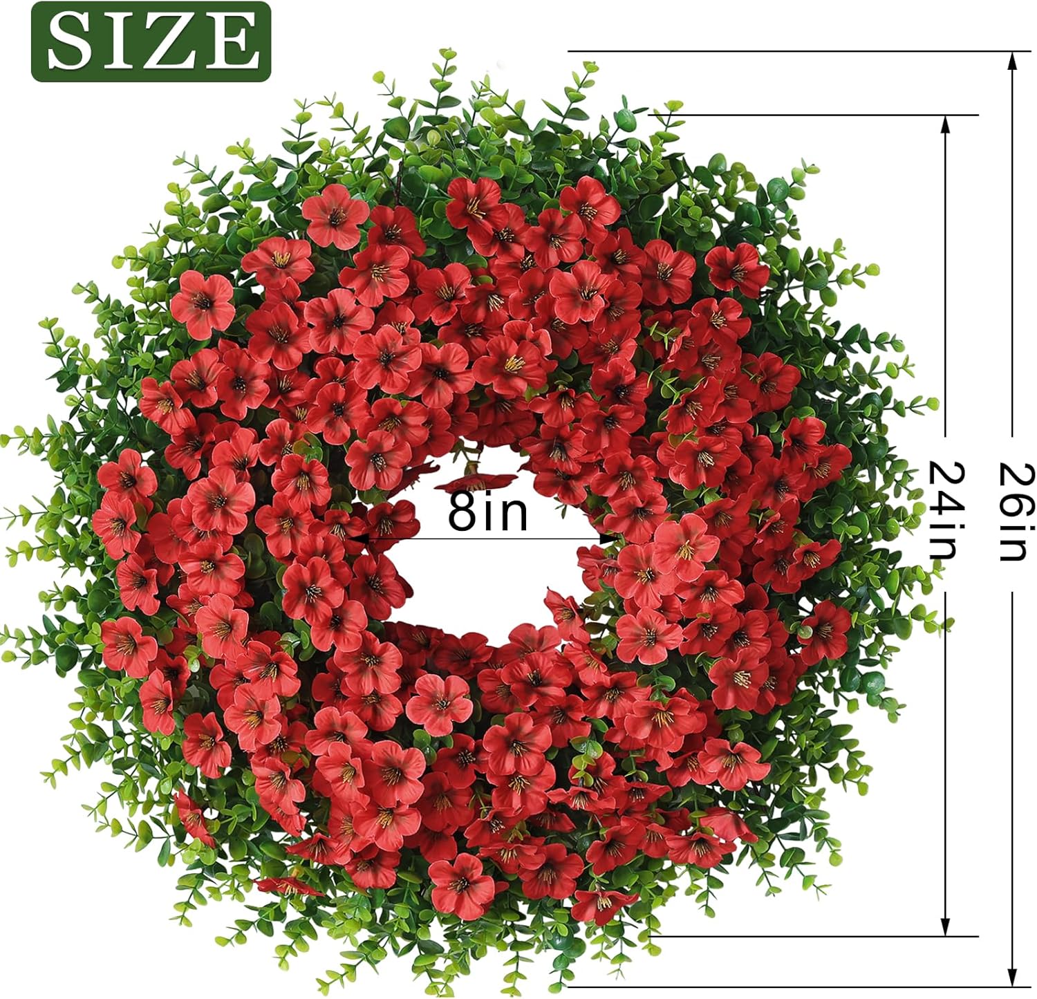 Skiennix 26" Large Artificial Eucalyptus Wreath - Realistic Silk Morning Glory Flowers for Home & Wedding Decor (Red)