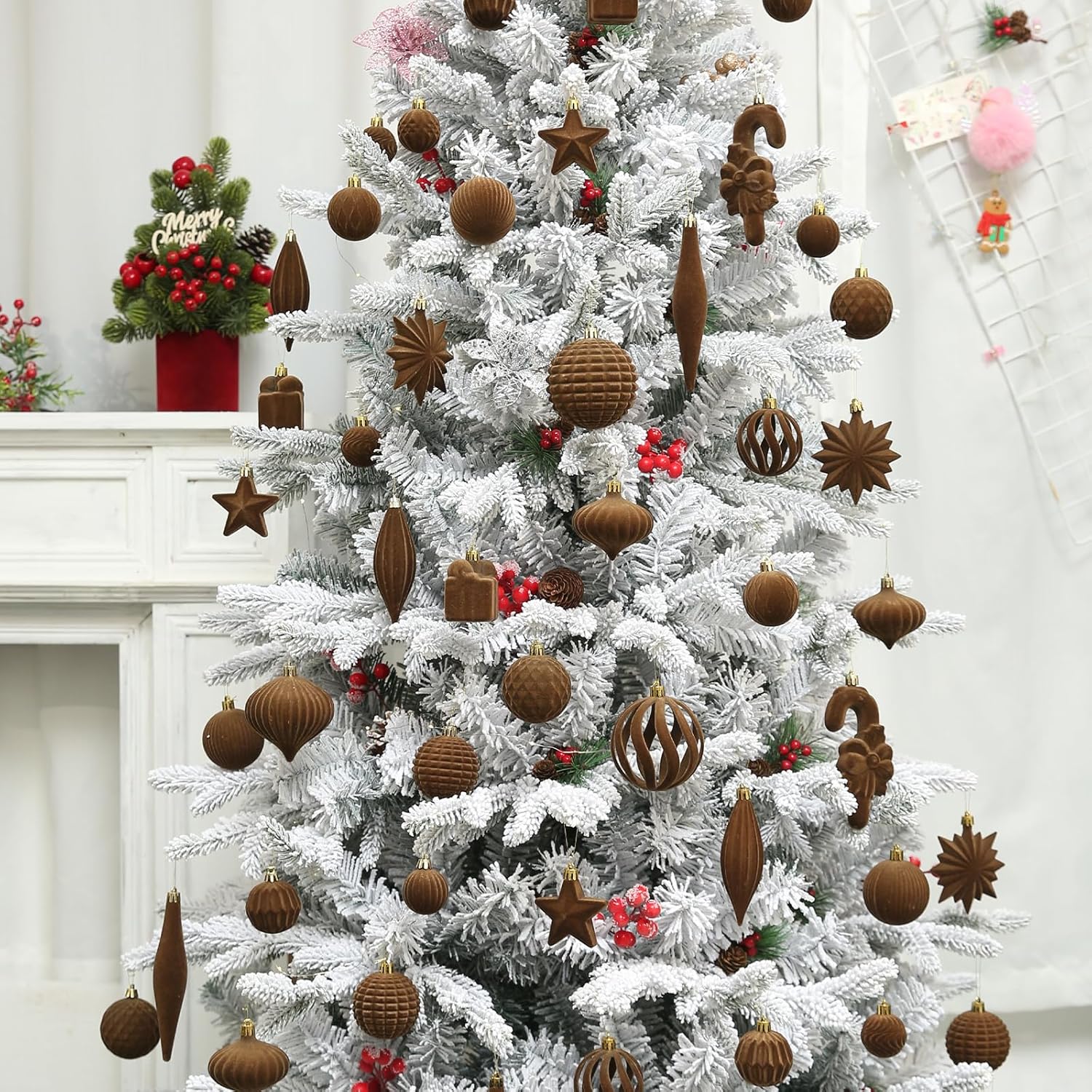 Skiennix 50 Pcs Brown Velvet Christmas Balls - Flocked Ornaments for Tree Decor & Holiday Parties