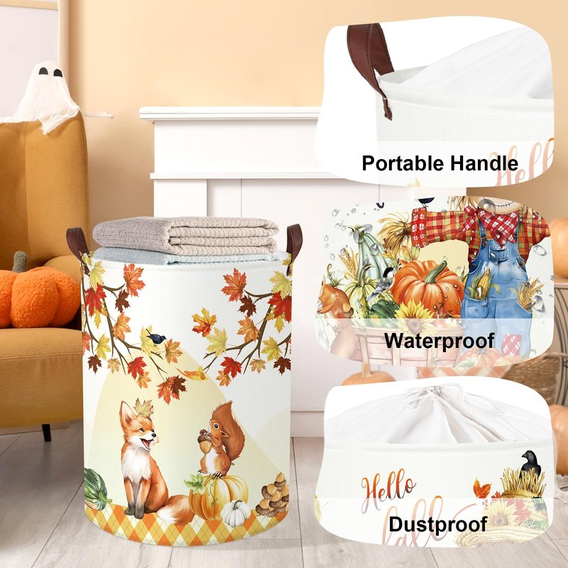 HUUMONSS Happy Thanksgiving Baby Storage Basket Pumpkin Maple Leaf Collapsible Clothes Kids Laundry Hamper Large Boys Girls Gift Toy Box Bin for Nursery Room,Scarecrow,40*50 cm